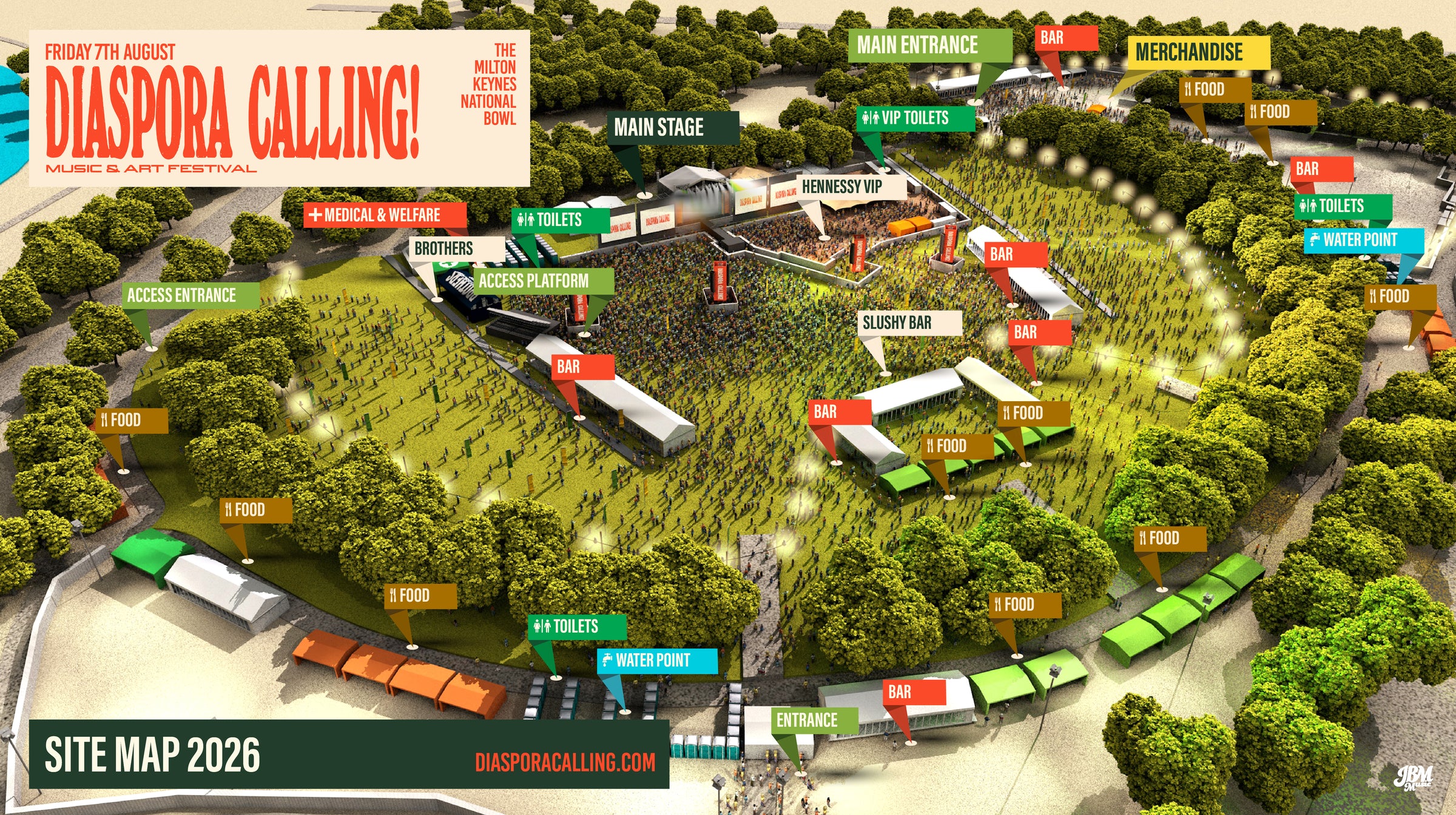 Diaspora Calling 2026 Festival Site Map — Milton Keynes National Bowl. Shows main stage, Hennessy VIP area, food vendors, bars, toilets, water points, access entrance and platform, medical and welfare, merchandise, and site entrances.